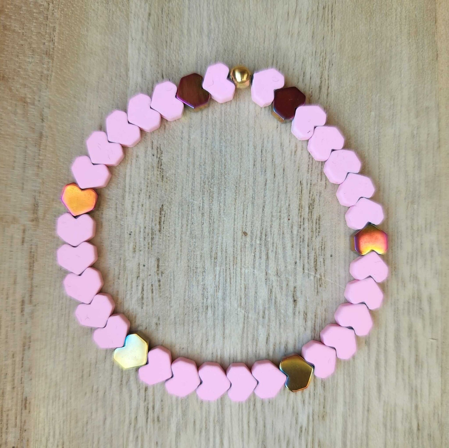 Hematite Mini-Hearts Pink Bracelet