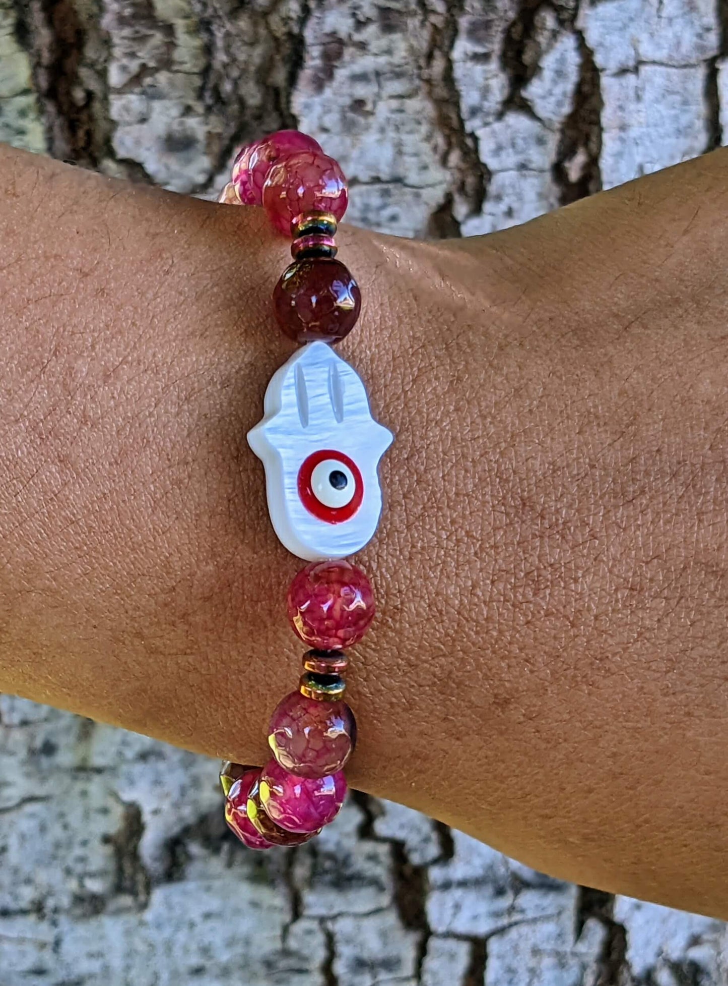 Purple Agate with Evil Eye Hand of Protection Sea Shell Bracelet