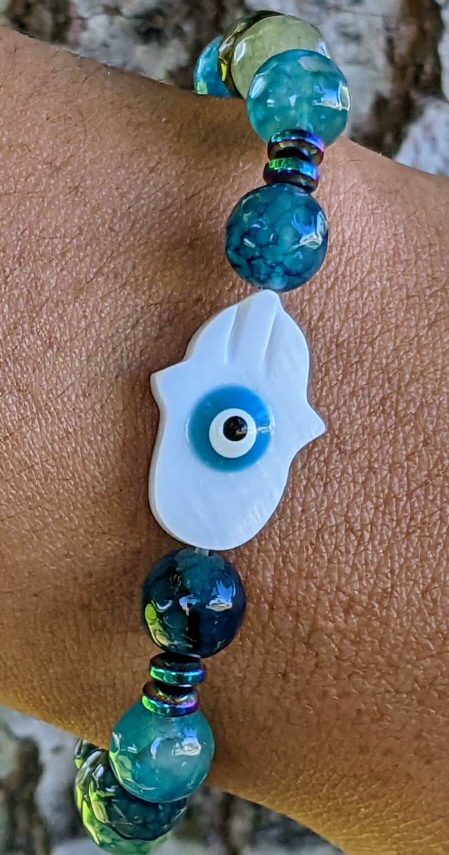 Dark Blue Agate with Sea Shell Hand of Protection & Evil Eye Bracelet