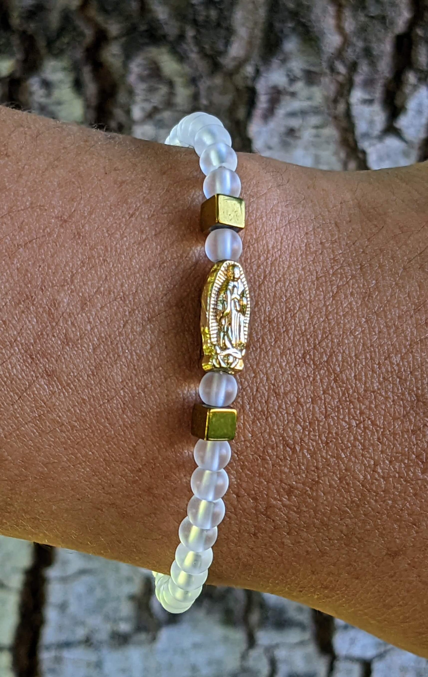 Clear Quartz Bracelet with Virgin Mary & Hematite Spacers