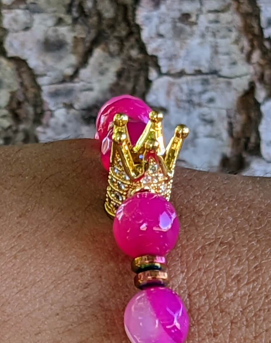 Gold Zirconia Crown with Dark Pink Agate and Hematite Spacers