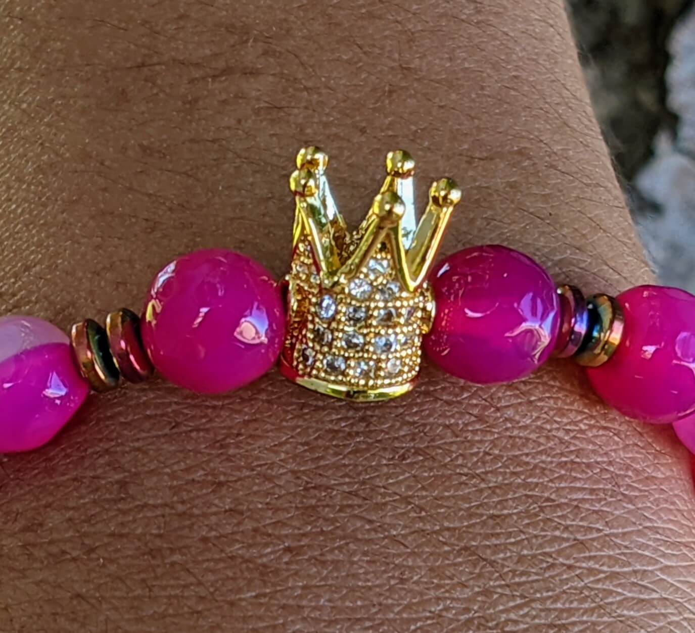 Gold Zirconia Crown with Dark Pink Agate and Hematite Spacers