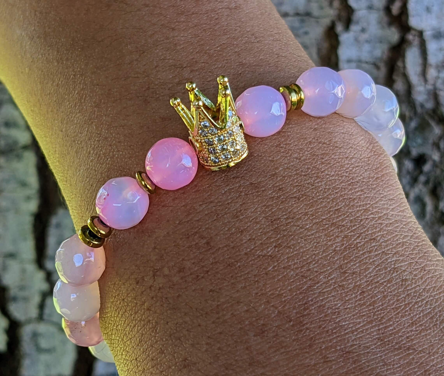 Gold Zirconia Crown with Light Pink Agate and Hematite Spacers