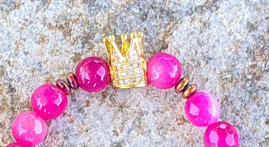 Gold Zirconia Crown with Dark Pink Agate and Hematite Spacers