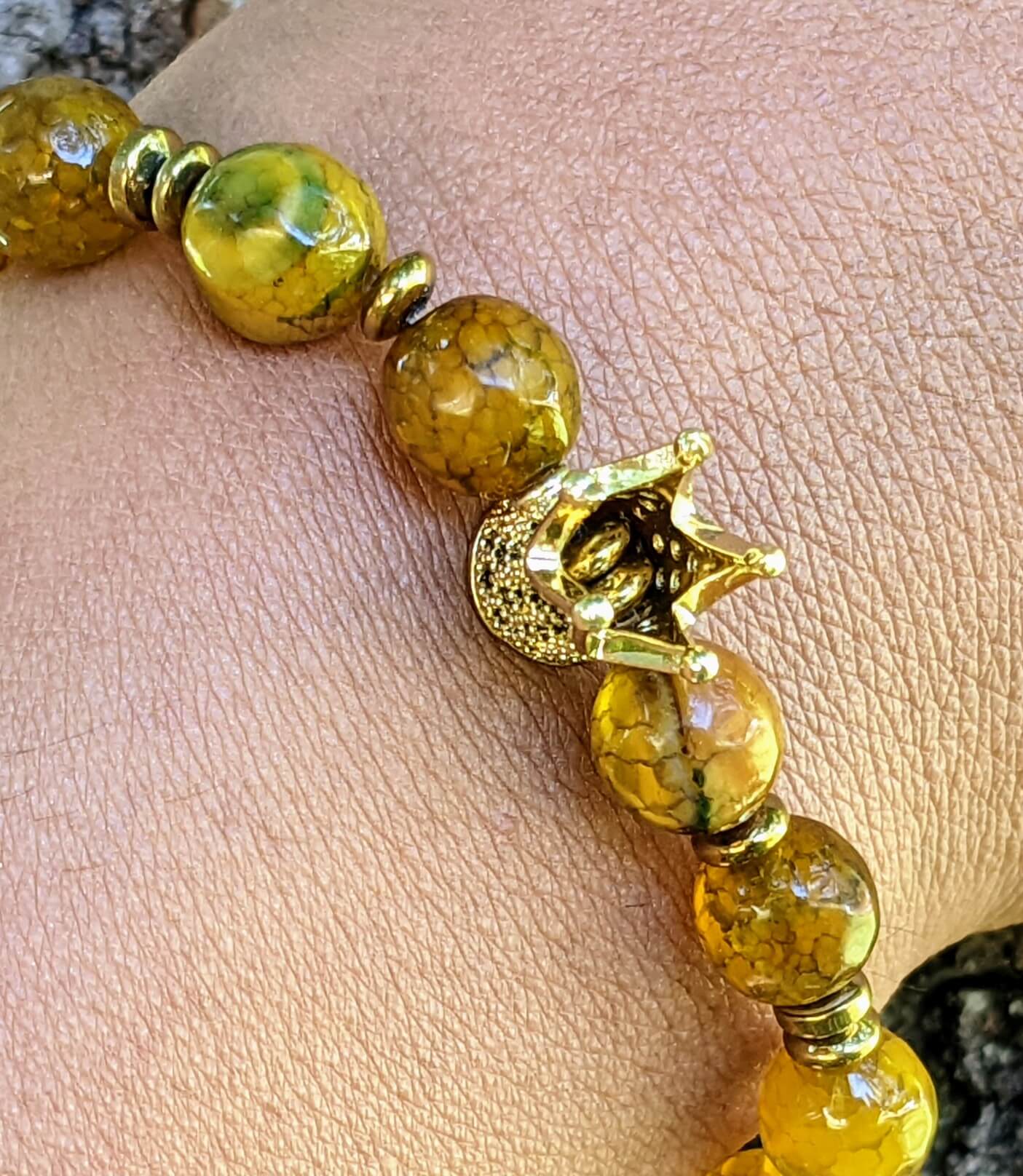 Gold Zirconia Crown with Mustard Yellow Agate with Hematite Spacers