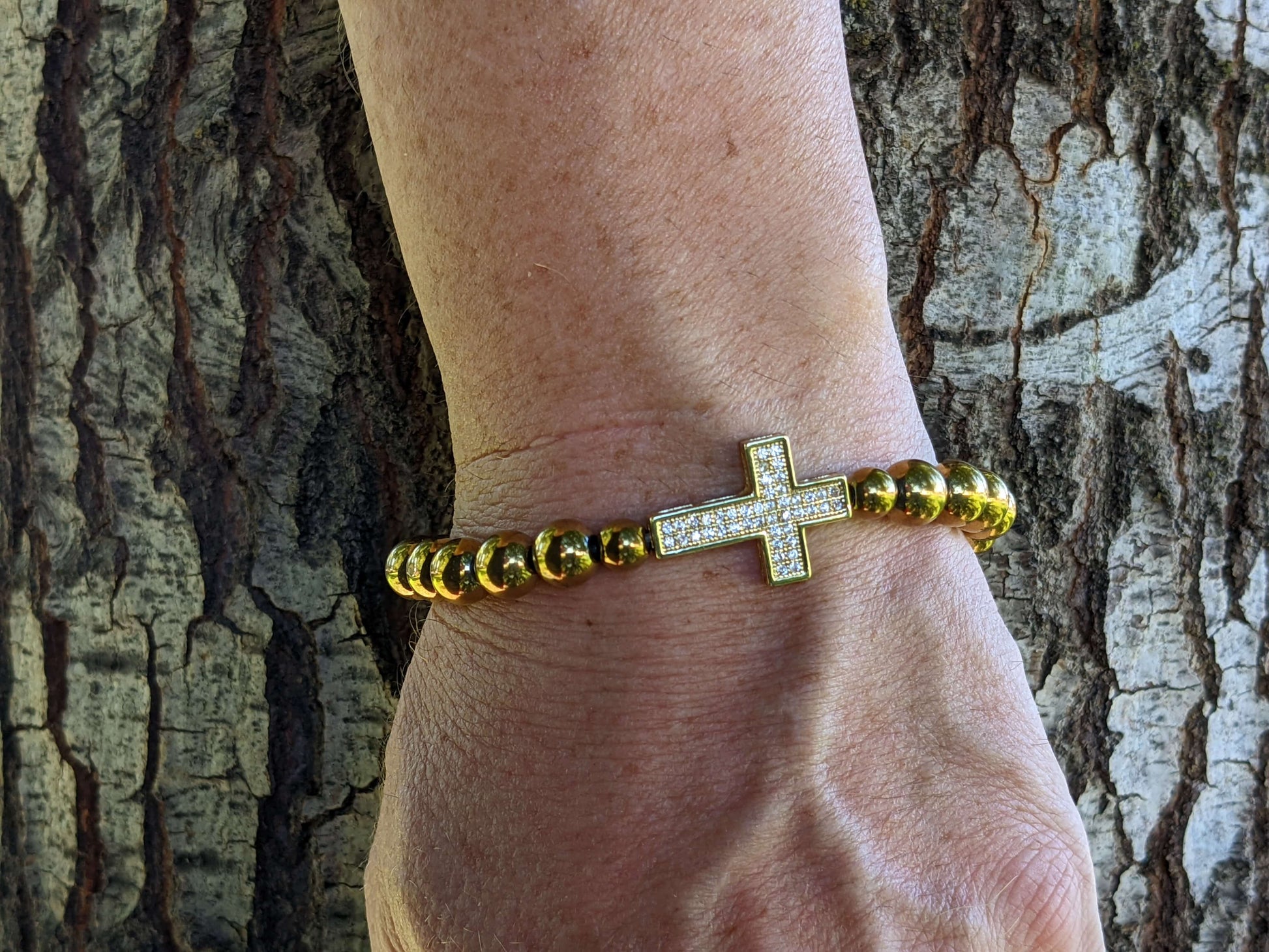 Large Cross (Gold Plated) with Natural Hematite Beads 19 cm