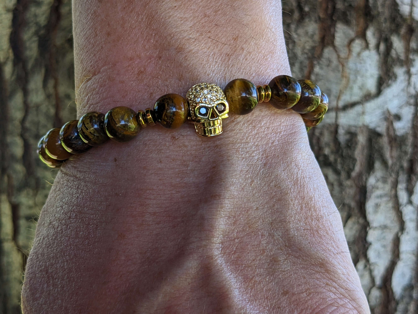 Gold Skull with Tiger's Eye and Hematite Spacers
