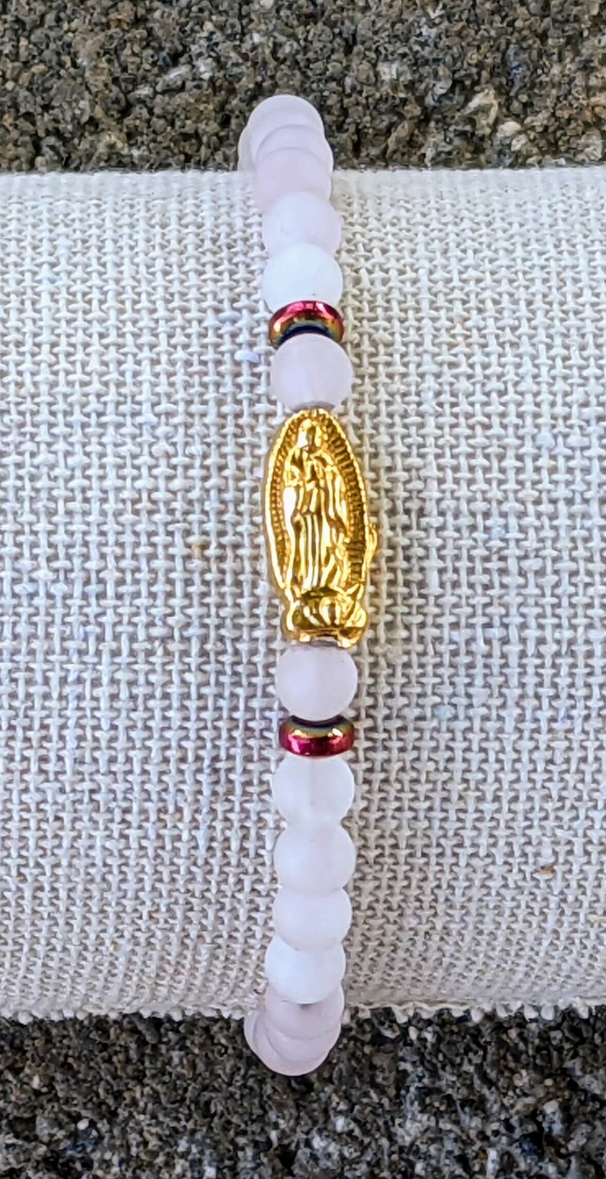 Rose Quartz Bracelet with Virgin Mary & Hematite Spacers