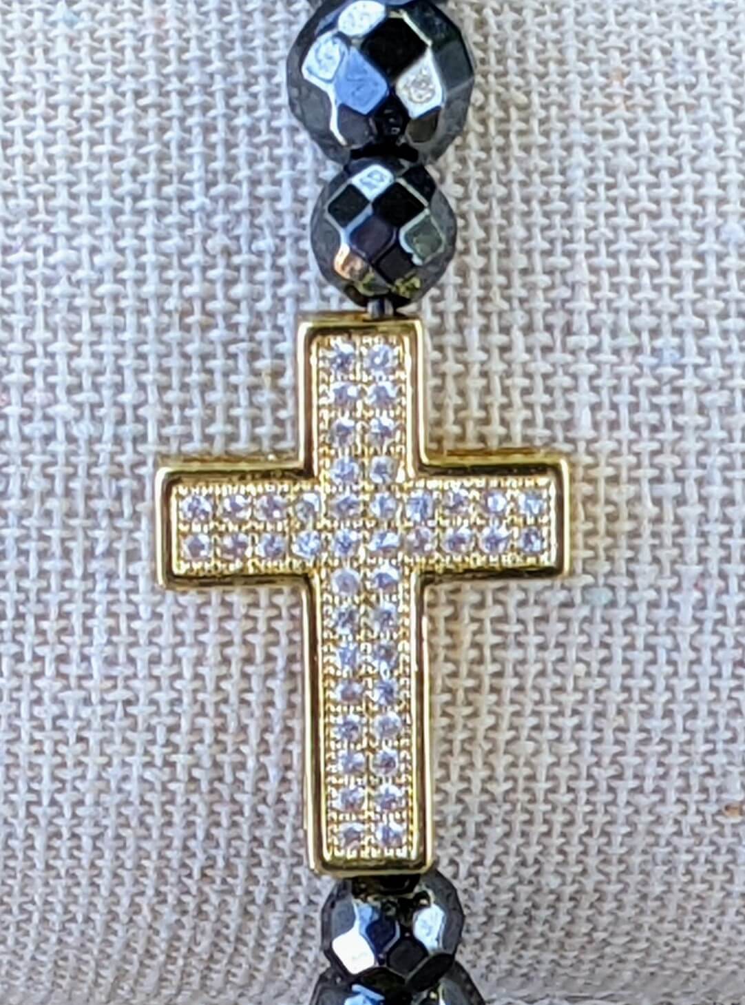 Large Cross (Gold Plated) with Natural Hematite Beads