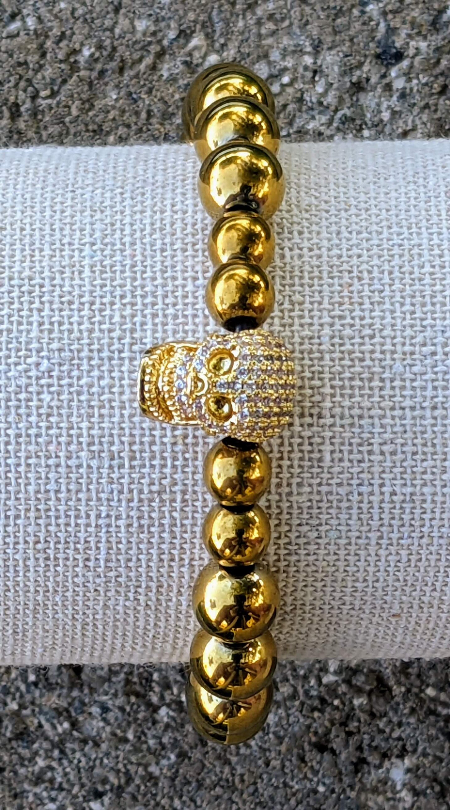 Gold Skull with Gold Electroplated Hematite