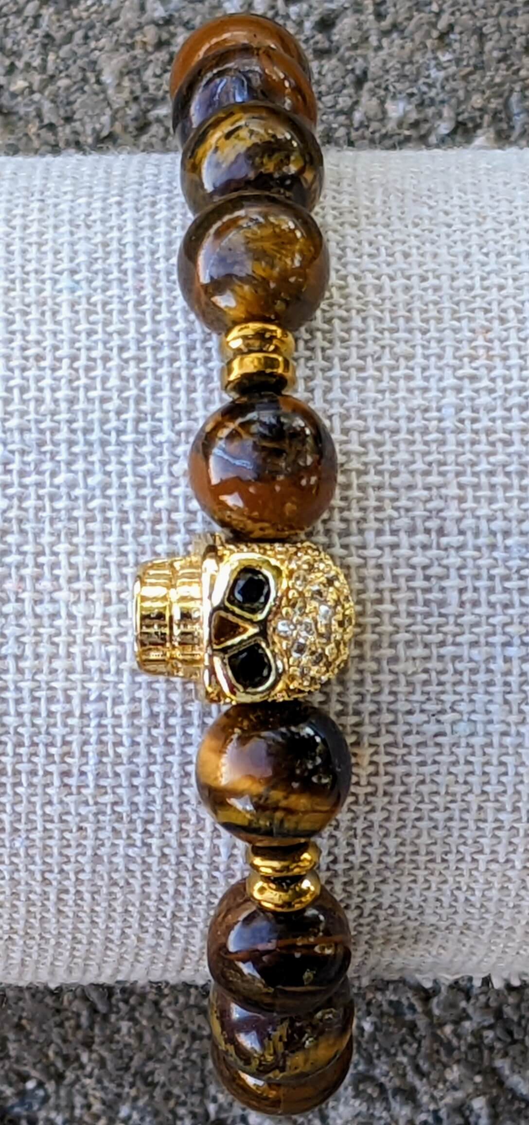 Gold Skull with Tiger's Eye and Hematite Spacers