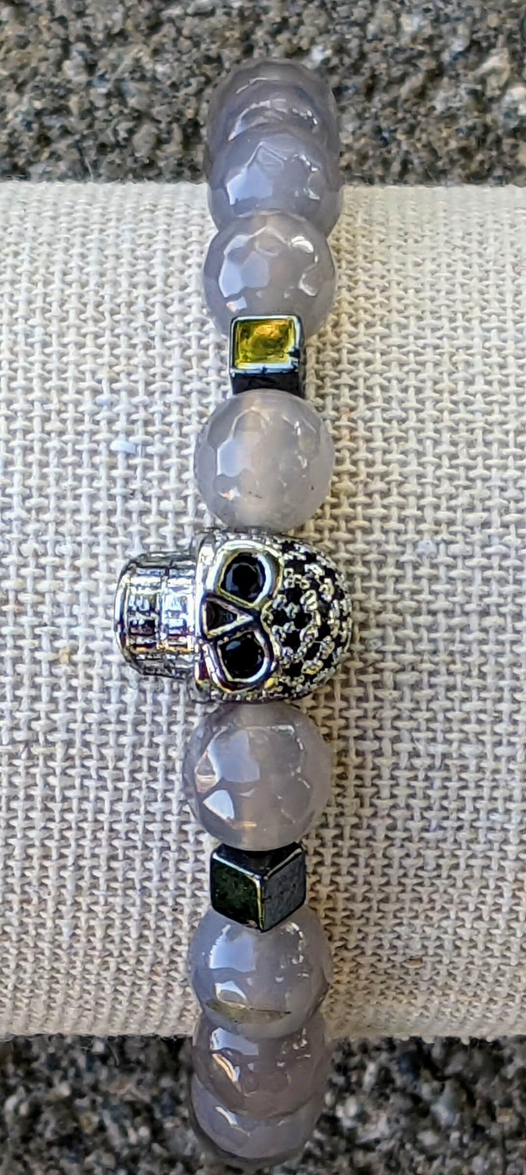 Silver Skull with Grey Agate and Hematite Spacers