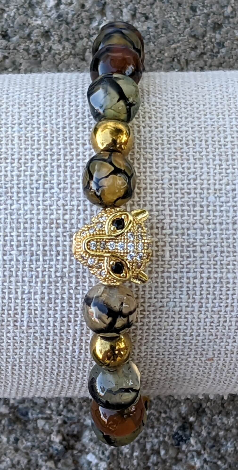 Gold Puma with Black, White, Mustard Yellow Agate and Golden Hematite Spacers