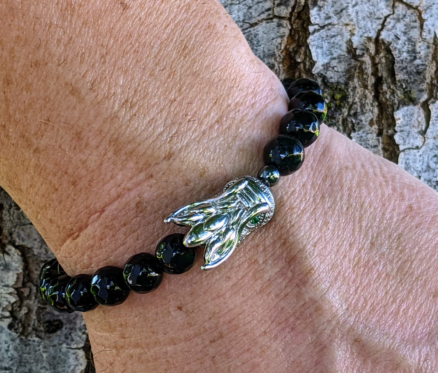 Silver Dragon with Black Agate with Hematite Spacers