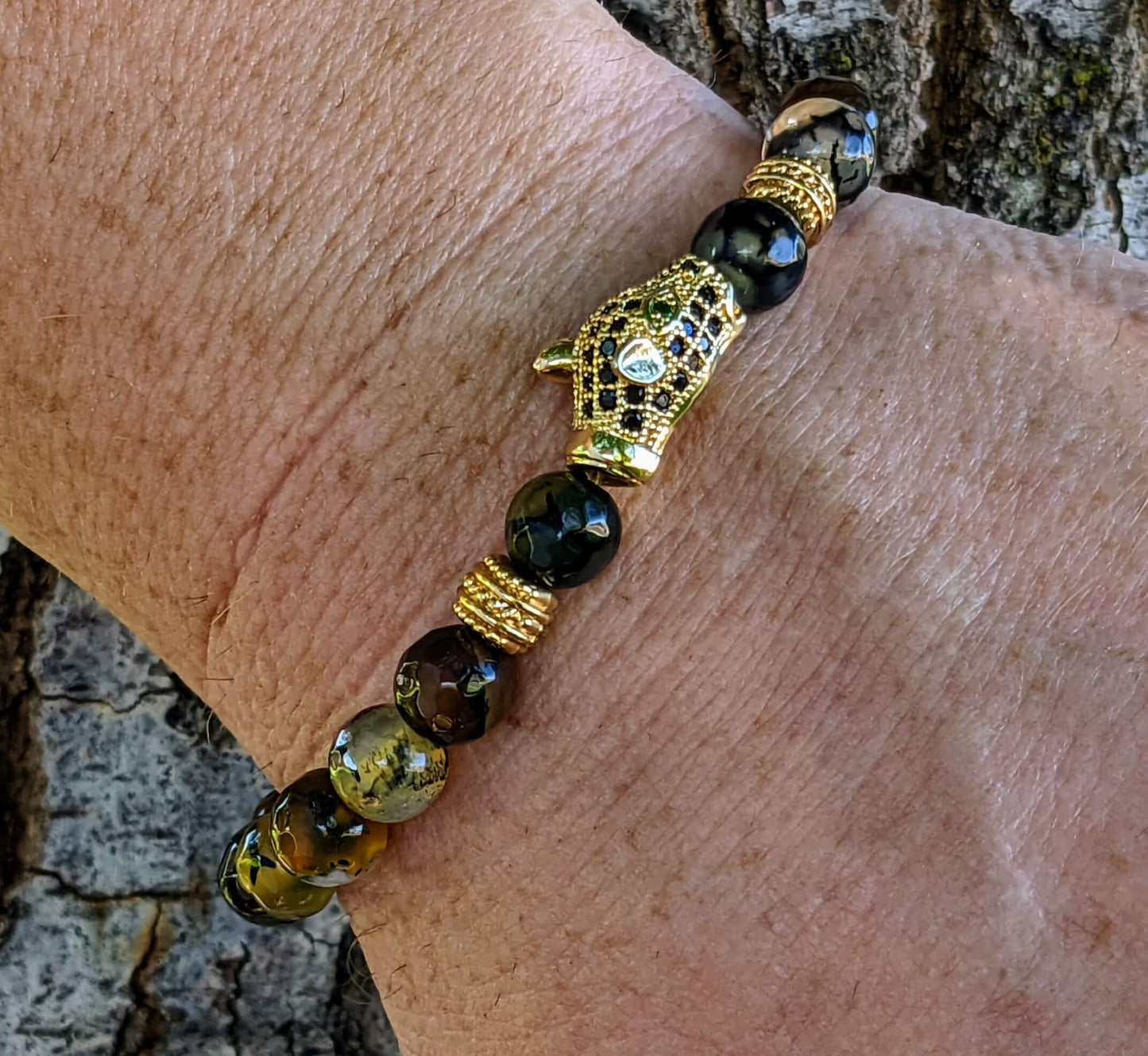 Gold Jaguar with Black, White, Mustard Yellow Agate and Gold Plated Spacers