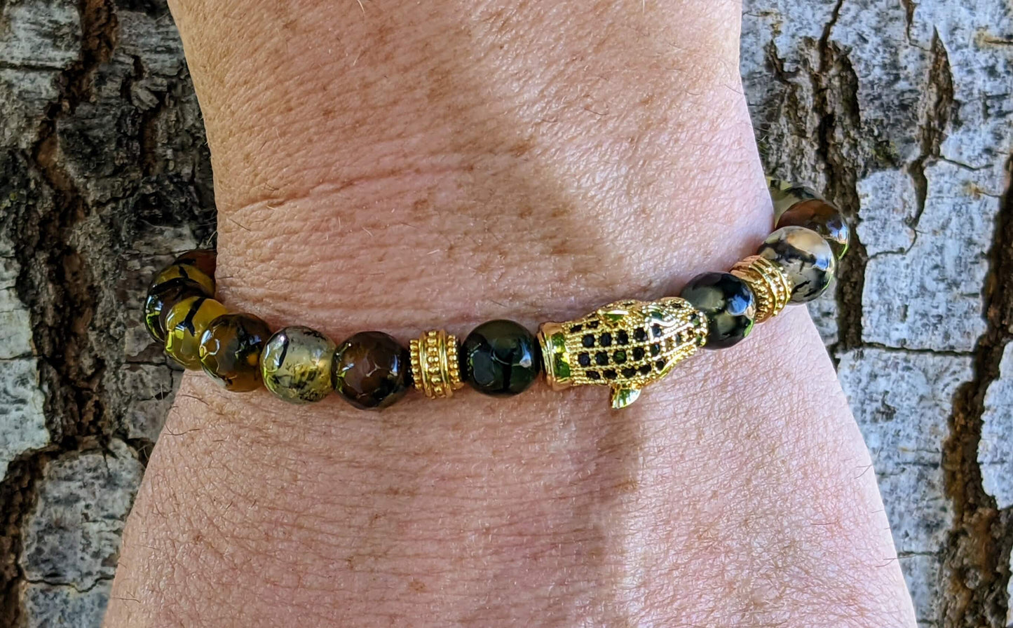 Gold Jaguar with Black, White, Mustard Yellow Agate and Gold Plated Spacers