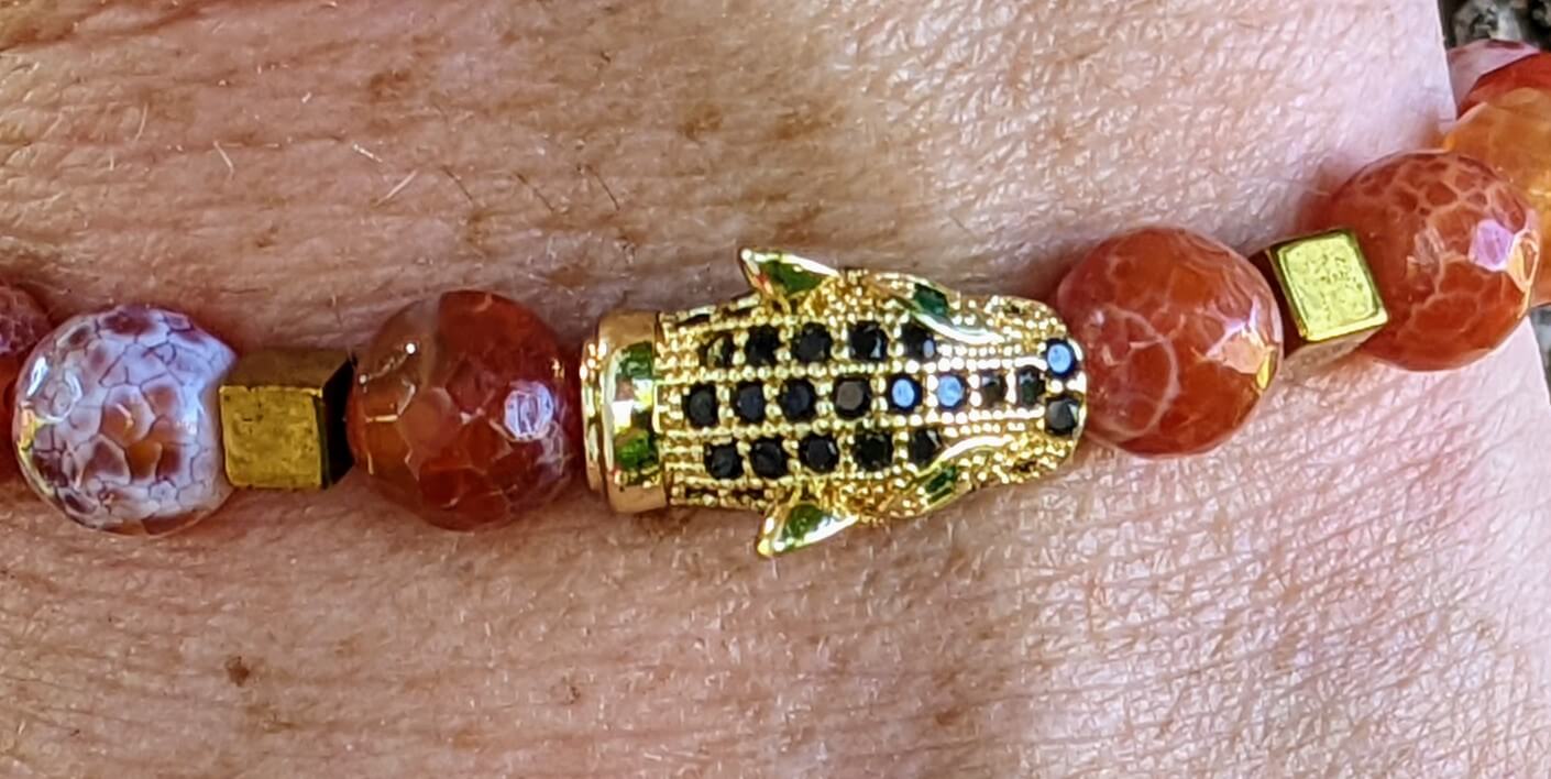 Gold Jaguar with Orange & White Agate and Hematite Spacers