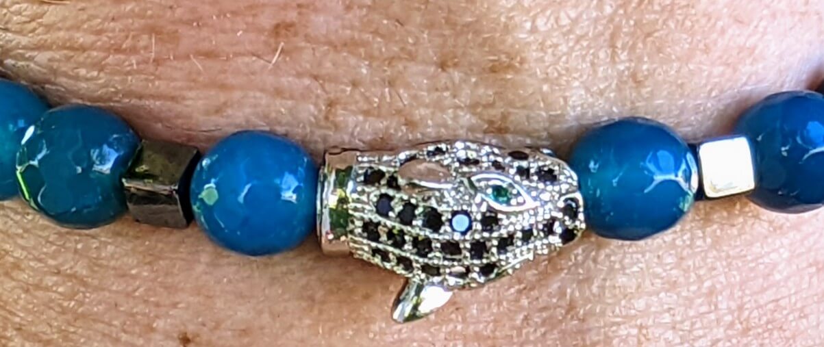 Silver Jaguar with Blue Agate and Hematite Spacers