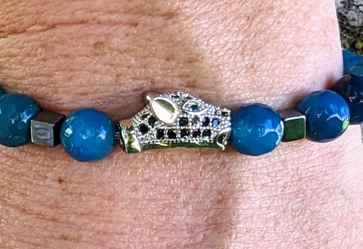 Silver Jaguar with Blue Agate and Hematite Spacers