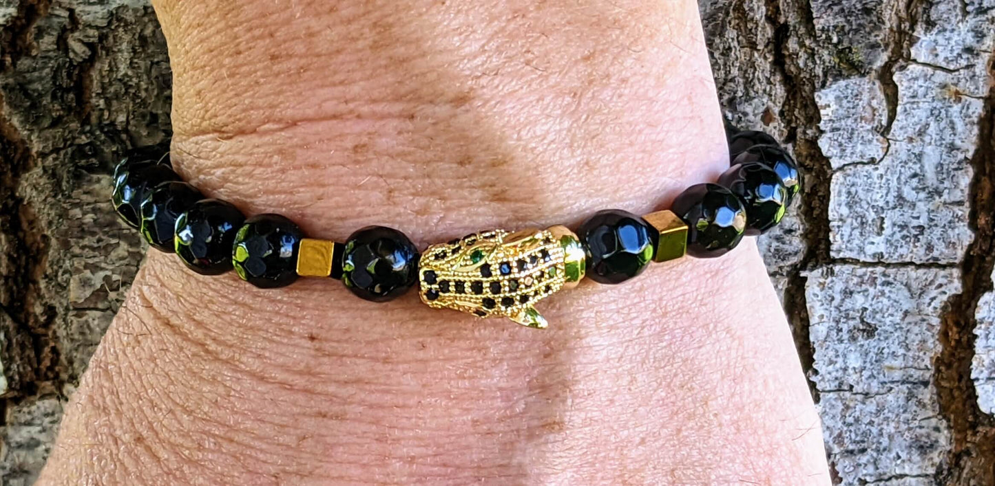 Gold Jaguar with Black Agate and Hematite Spacers