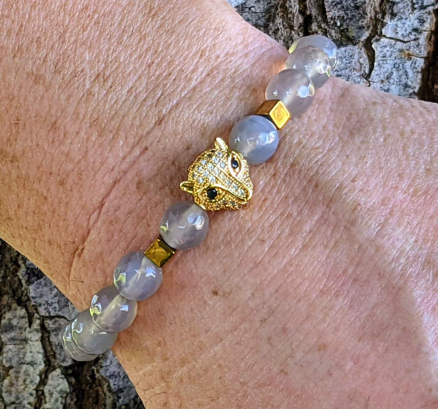 Gold Puma with Grey Agate and Hematite Spacers