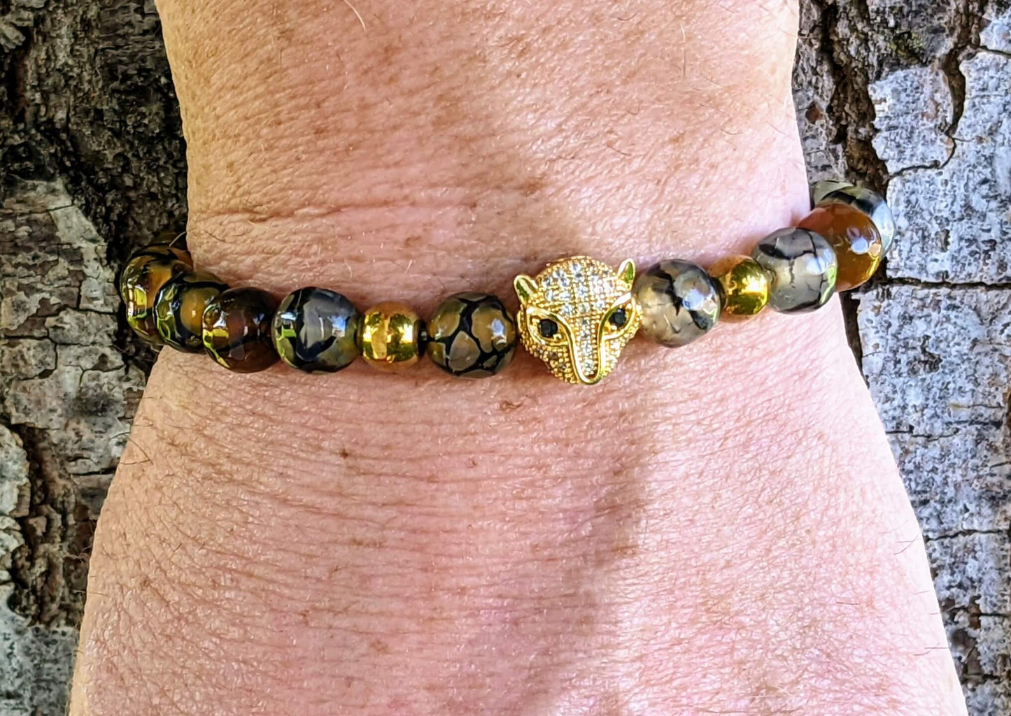 Gold Puma with Black, White, Mustard Yellow Agate and Golden Hematite Spacers