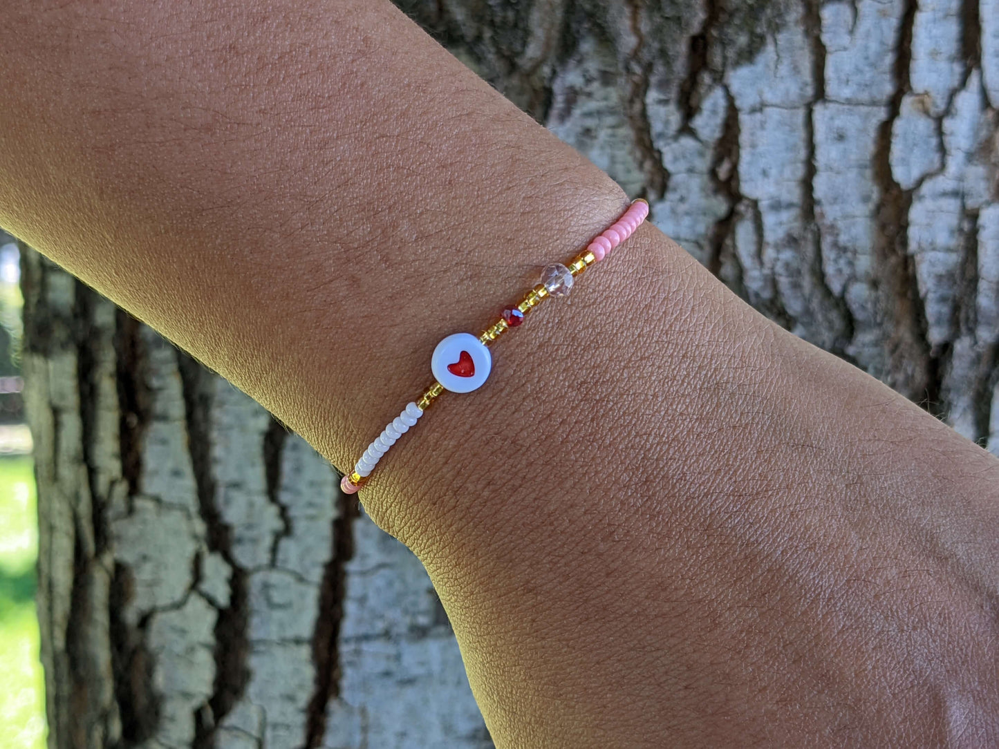 White with Red Heart with Pink & White Chaquira Bracelet