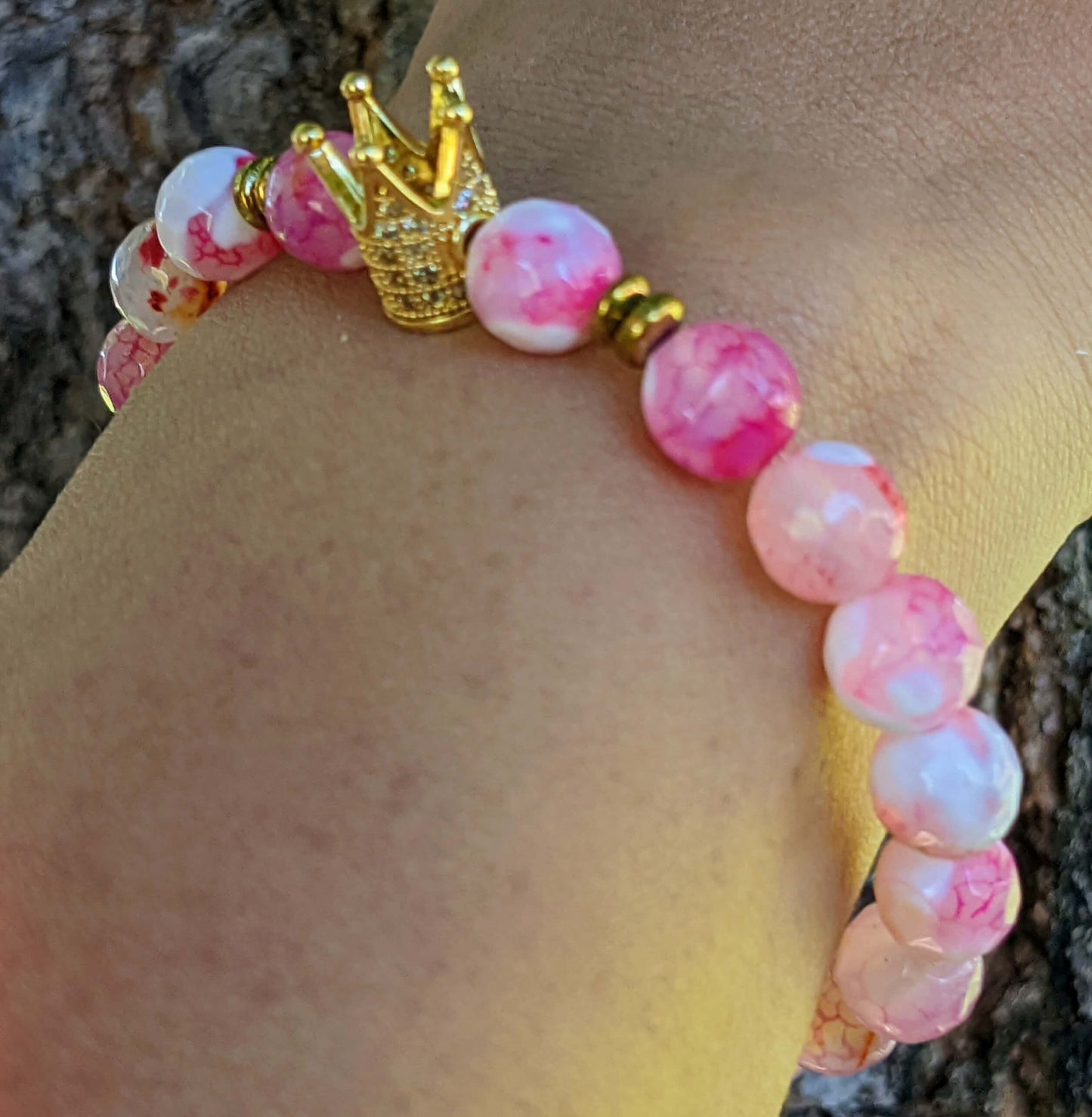 Gold Zirconia Crown with Pink and White Agate with Hematite Spacers