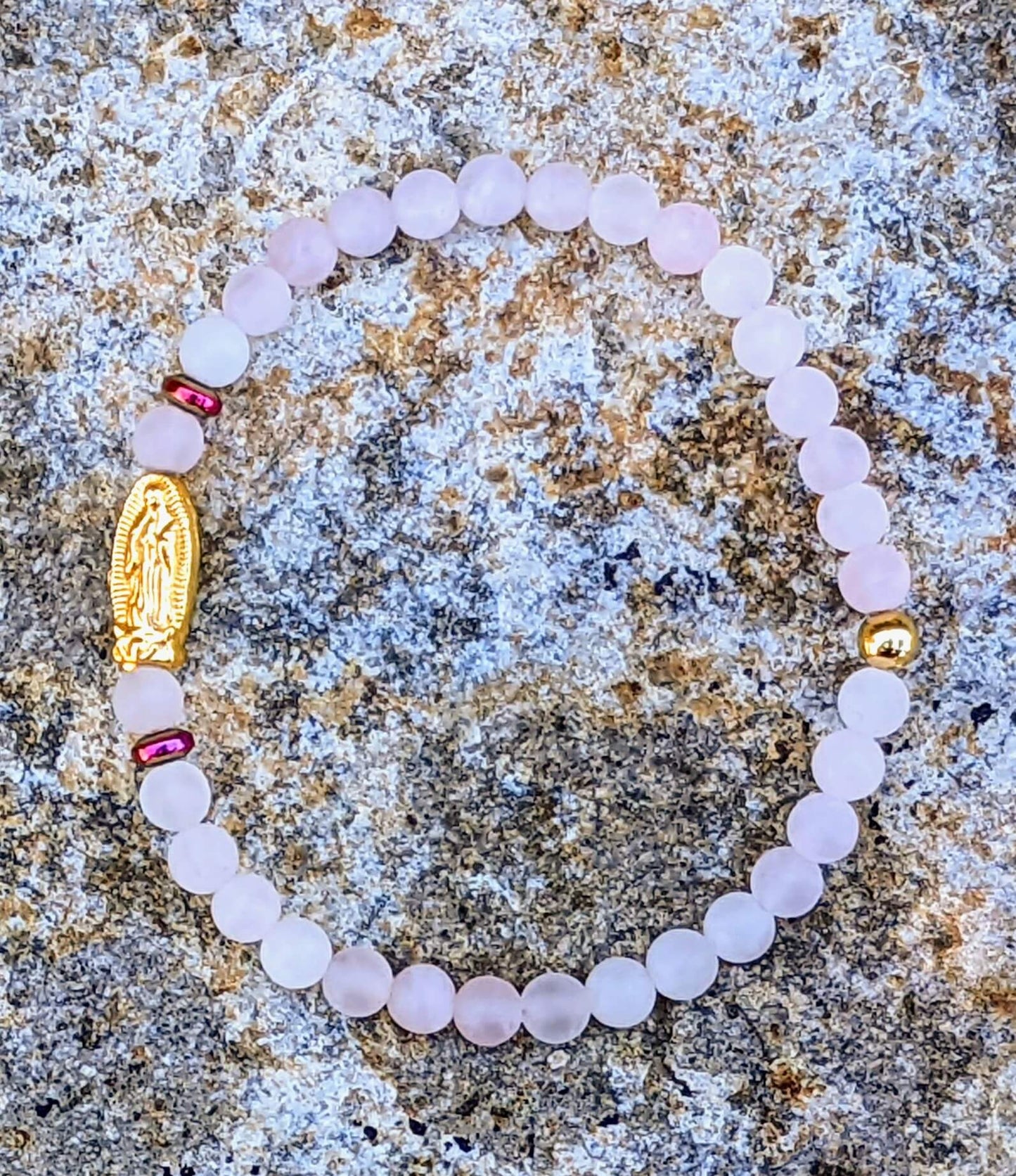 Rose Quartz Bracelet with Virgin Mary & Hematite Spacers