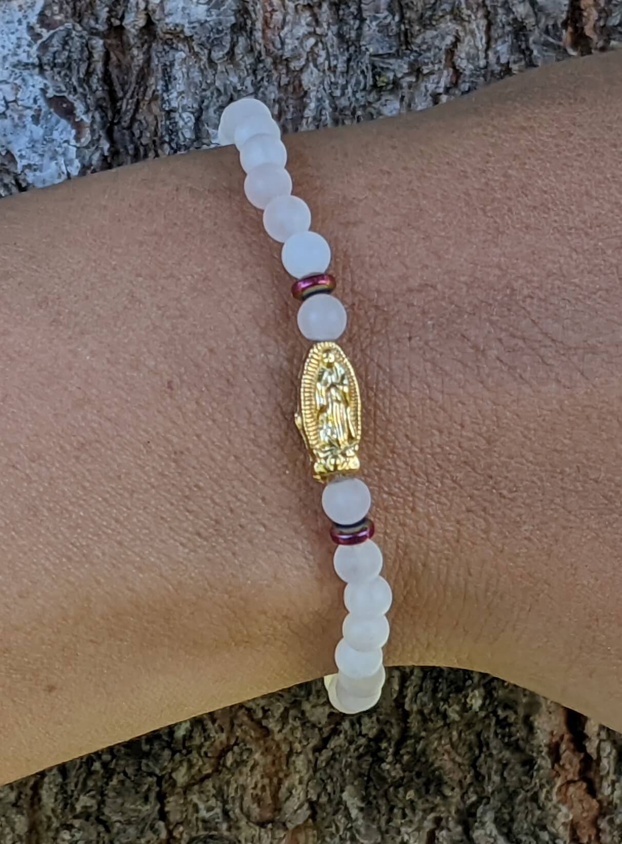 Rose Quartz Bracelet with Virgin Mary & Hematite Spacers