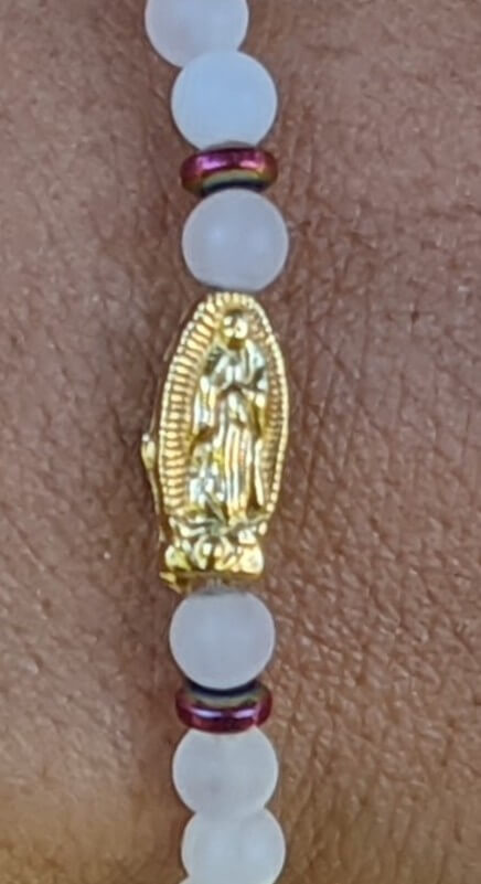 Rose Quartz Bracelet with Virgin Mary & Hematite Spacers