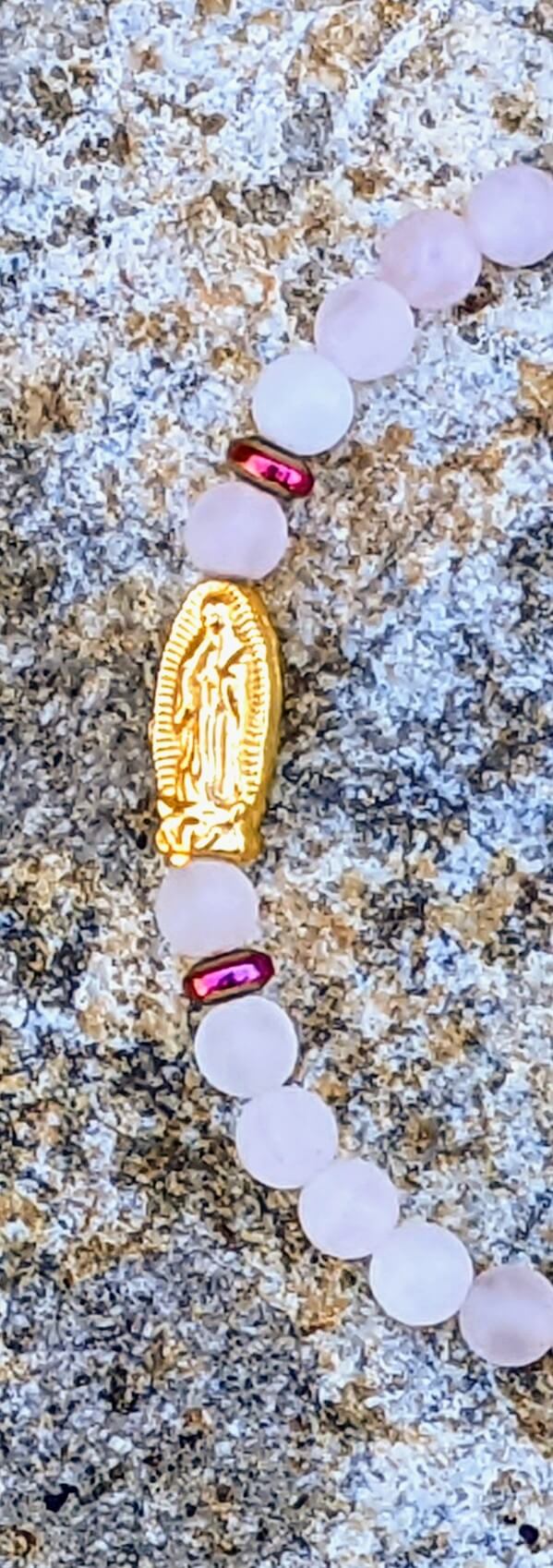 Rose Quartz Bracelet with Virgin Mary & Hematite Spacers