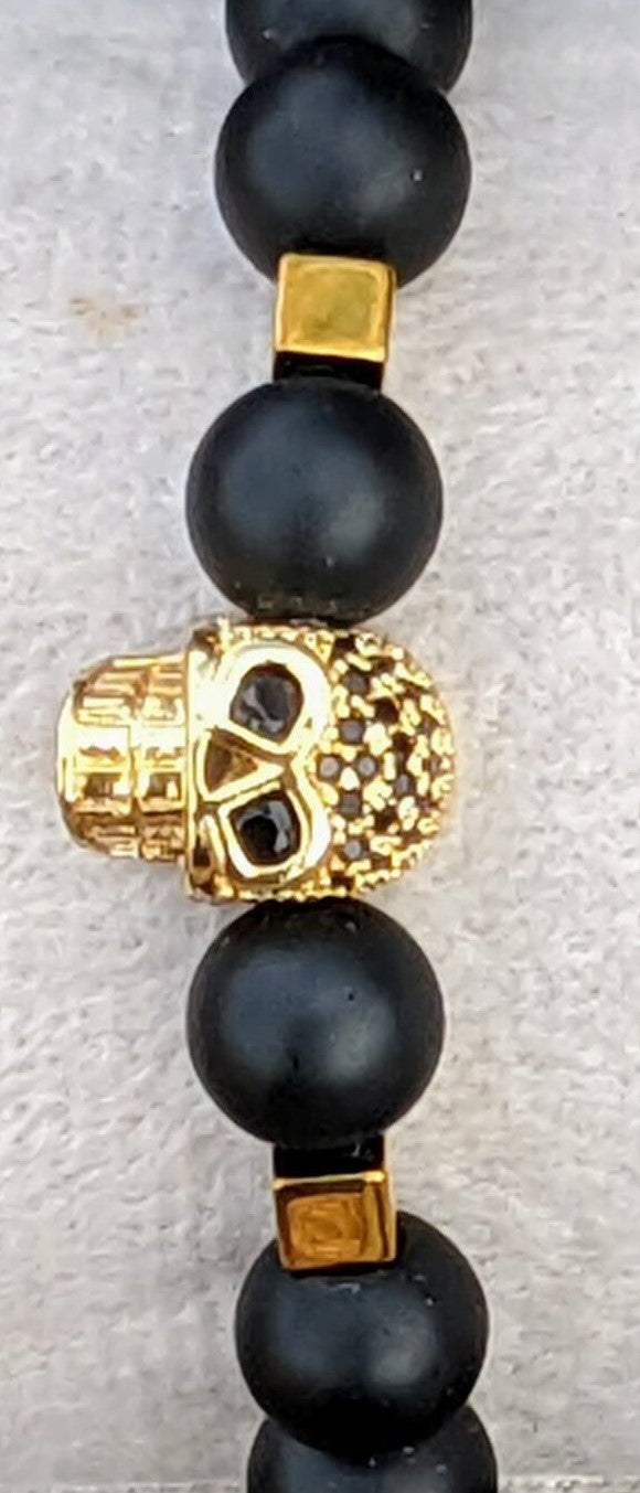 Black Onyx (8mm Bead Size) with Gold Skull
