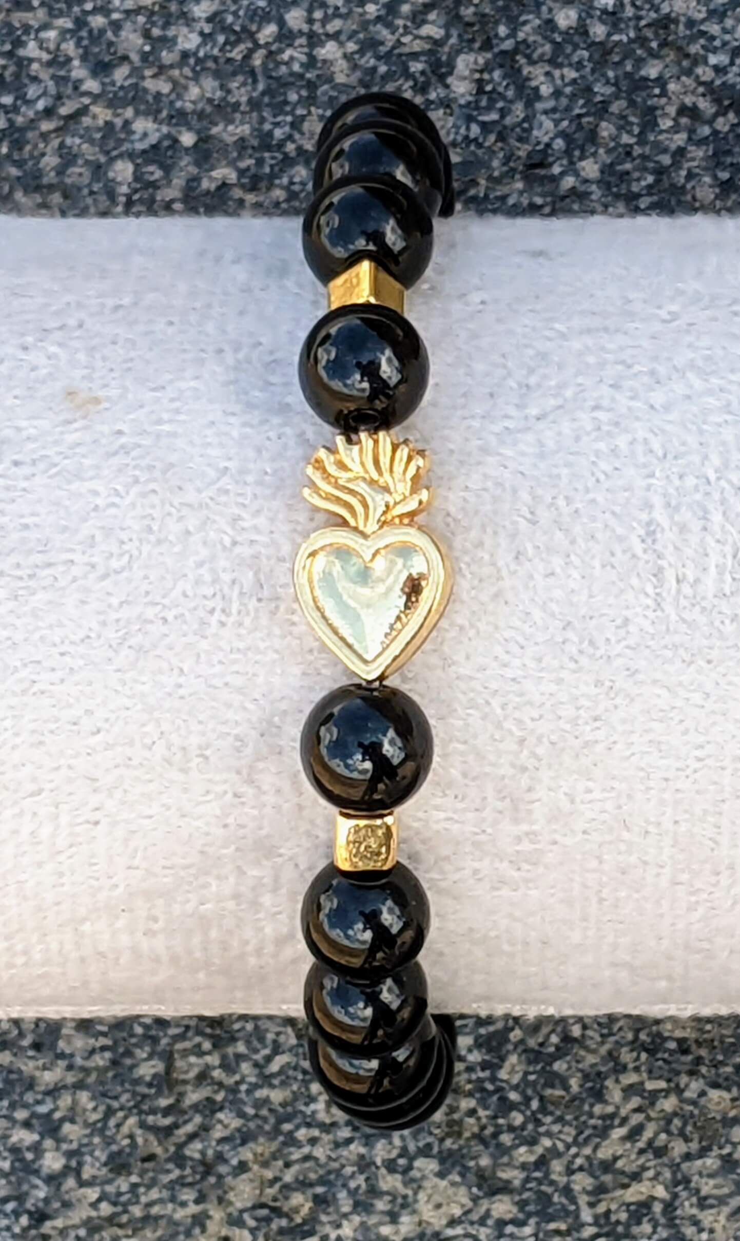 Black Onyx Polished (8mm Bead Size) with Flaming Golden Heart