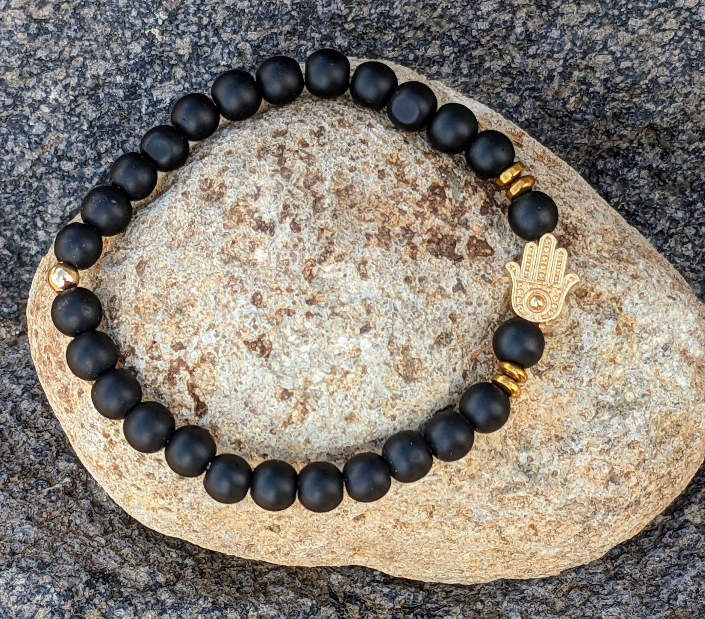 Black Onyx (6mm Bead Size) with Hamsa Hand of Protection
