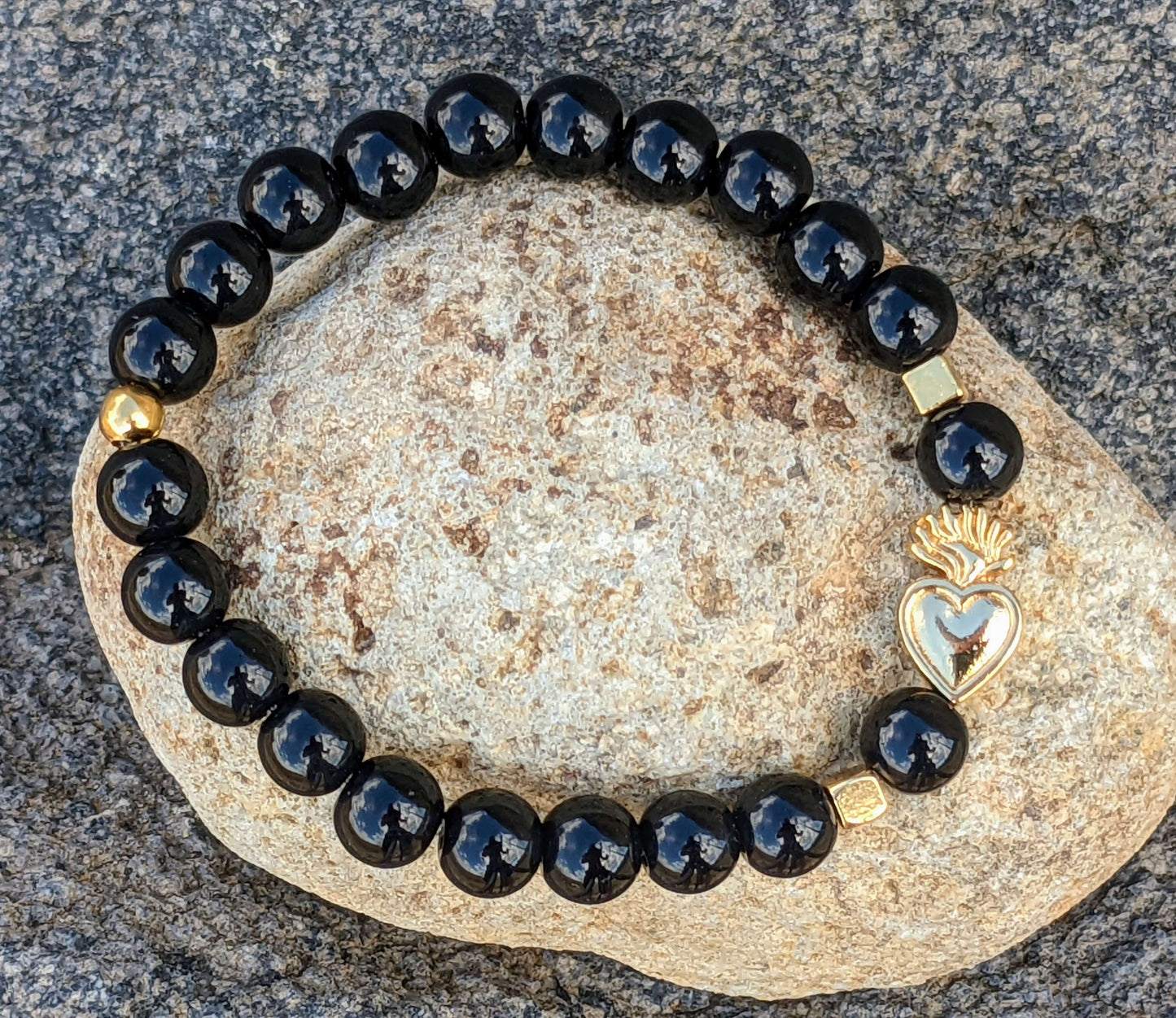 Black Onyx Polished (8mm Bead Size) with Flaming Golden Heart