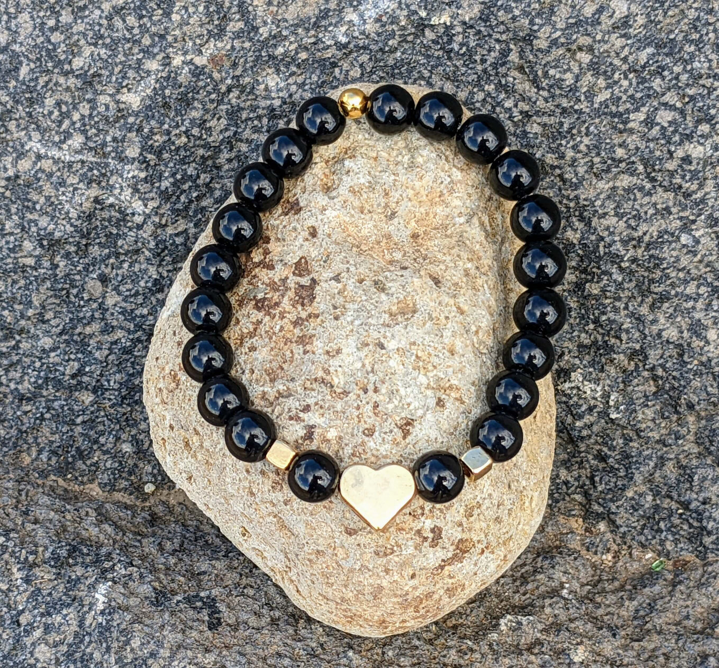 Black Onyx Polished (8mm Bead Size) with Golden Heart
